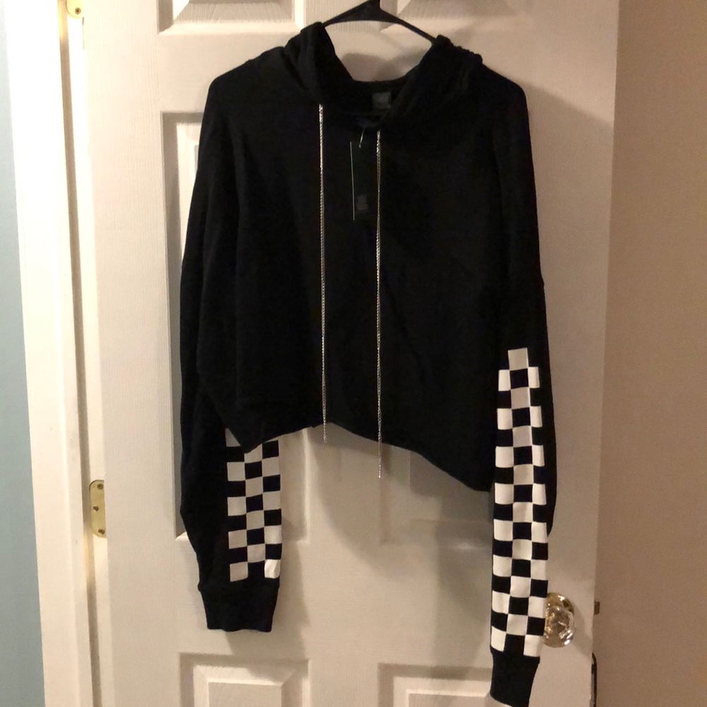 Black cropped checkered hoodie